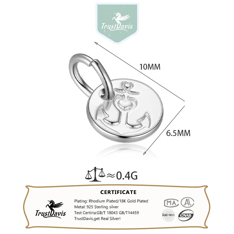 TrustDavis Real 925 Sterling Silver Vintage Anchors Charm Pendant for Women Kids Handmade DIY Accessories Jewelry DH0050