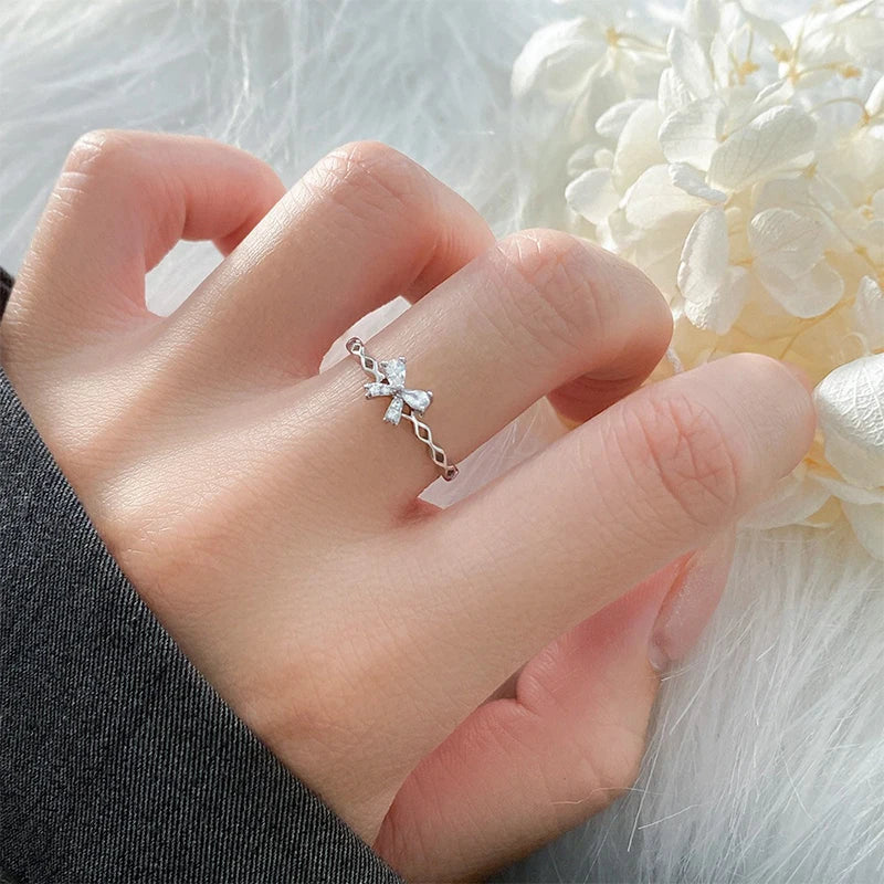 TrustDavis Real 925 Sterling Silver Ring Fashion Charm Bow Zirconi Ring for Women Adjustable Ring Fine Jewelry for Her DS4165