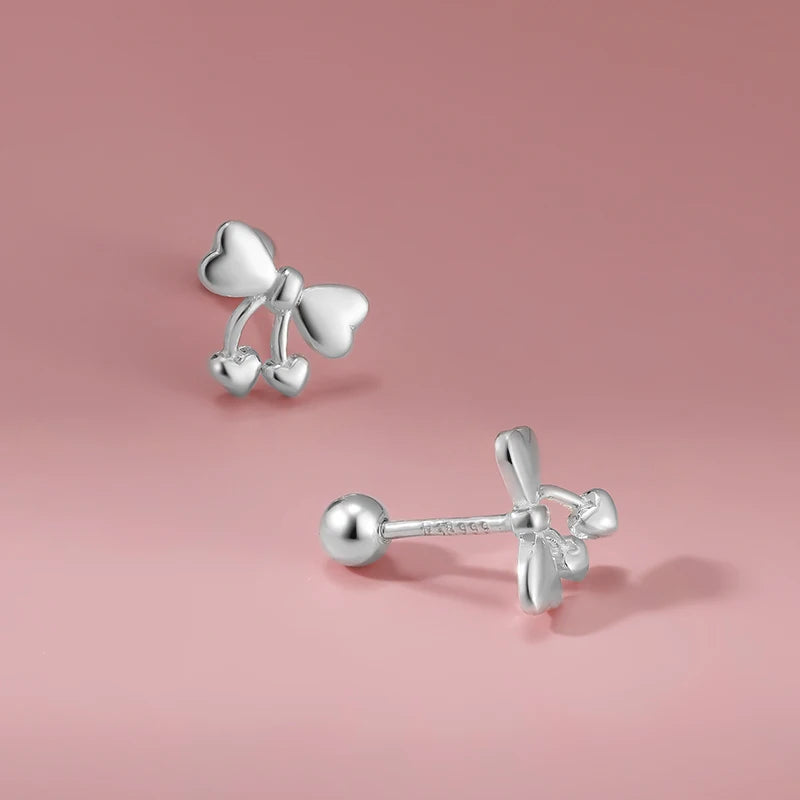 999 Sterling Silver Cute Heart Bowknot Screw Stud Earrings DS4626