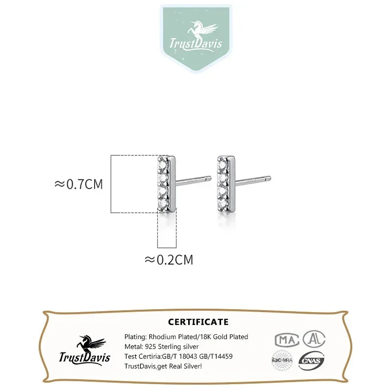 TrustDavis Real 925 Sterling Silver Minimalist Sweet Mini Stick CZ Stud Earrings For Women Wedding Fine S925 Jewelry Gift DS2209