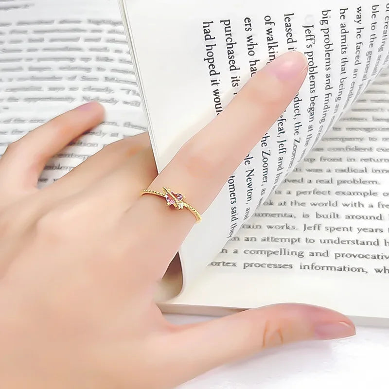 TrustDavis Girls Real 925 Sterling Silver Ring Romantic Heart Zircon Open Size For Women Girls Birthday Jewelry Gift DS4148