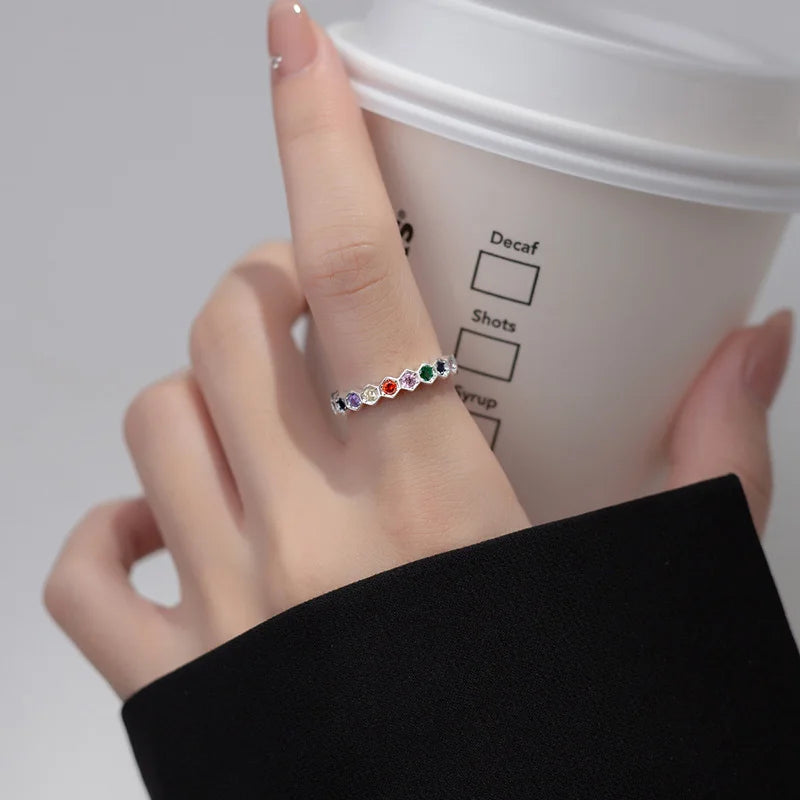 TrustDavis Women Real 925 Sterling Silver Colore Zircon Open Ring Geometric Gift for Mom Daugther Birthday Jewelry DS3627