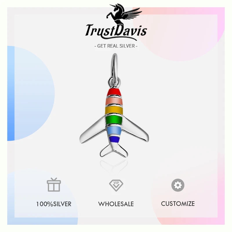 TrustDavis Real 925 Sterling Silver Fashion Color Drip Glue Aircraft Charm Pendant Handmade DIY Accessories Fine Jewelry DZ212