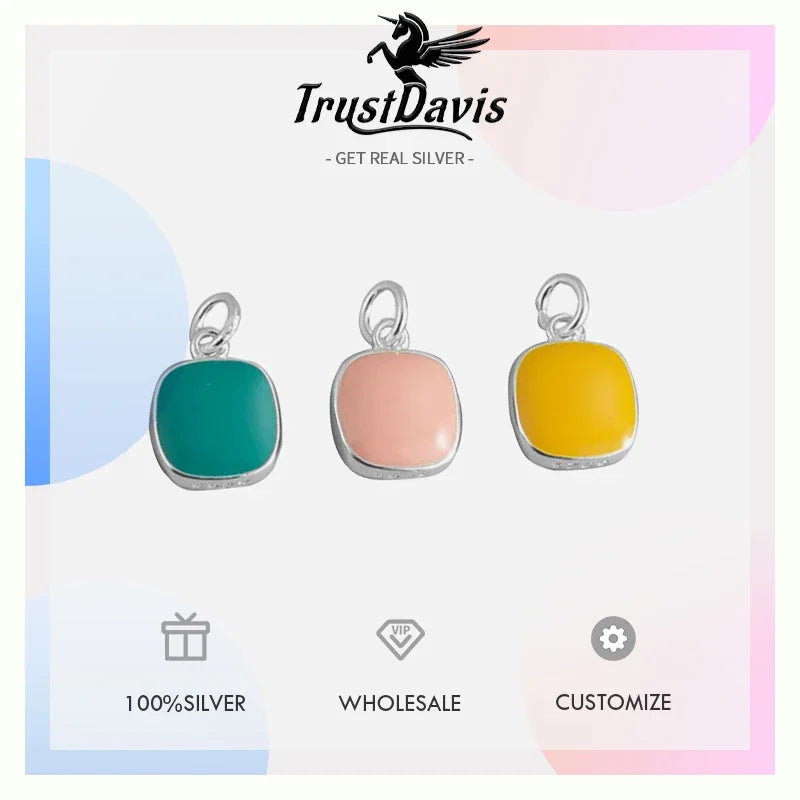 TrustDavis Real 925 Sterling Silver Cute Colored Square Pendant Bracelet Marking Lanyard Buckle DIY Accessories Jewelry DZ1231