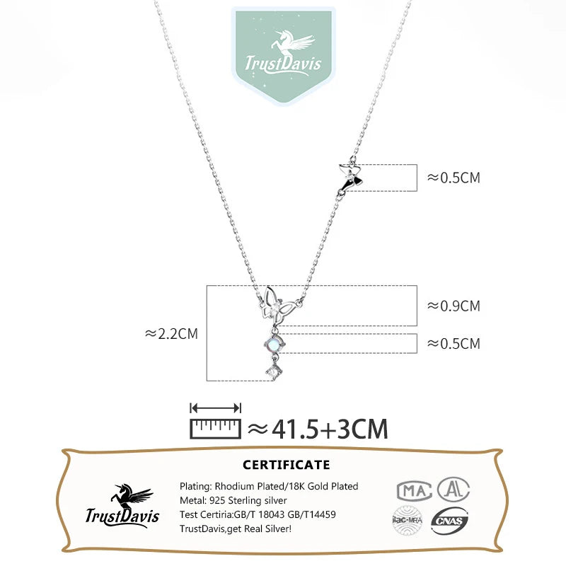 TrustDavis Women 925 Solid Sterling Silver Romantic Butterfly Necklace for Lady Girls Birthday Gift Fine S925 Jewelry DS4203