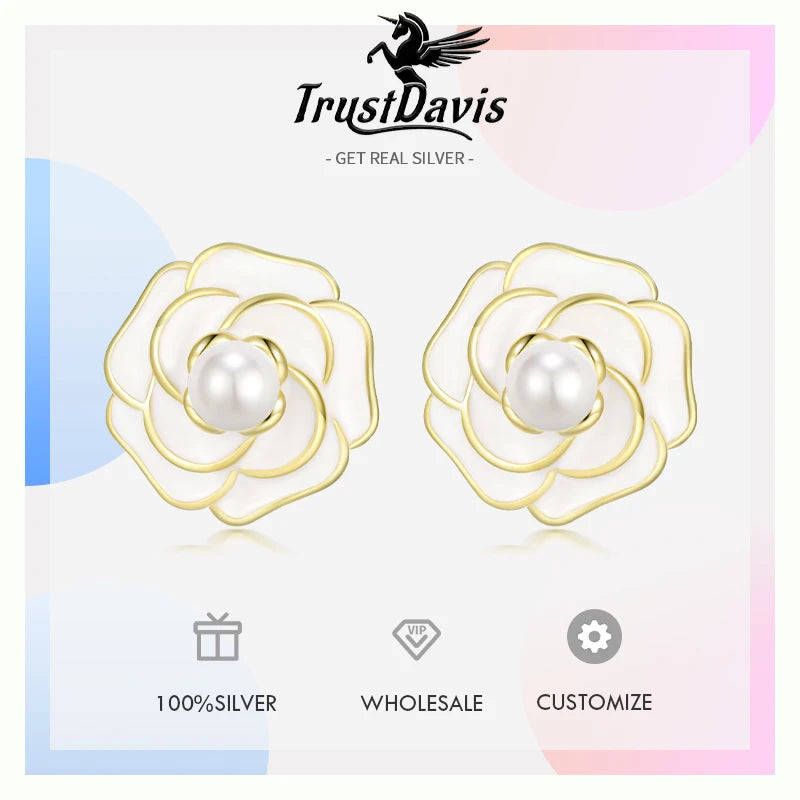 TrustDavis Real 925 Sterling Silver Fashion Elegant Pearl Flower Stud Earrings For Women Anniversary Fine Jewelry DS3490