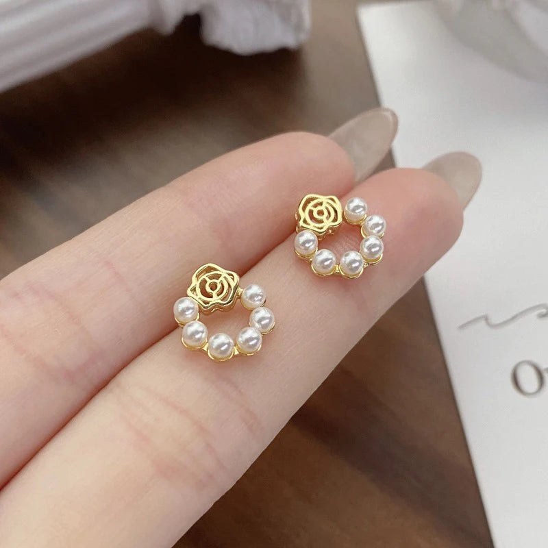 TrustDavis 925 Sterling Silver Women's Rose Earrings Fashion Vintage Pearl Rose Earrings for Women Girls Jewelry Gift DS4306