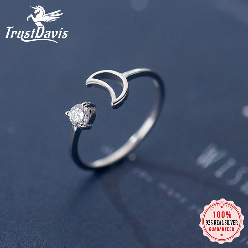 TrustDavis Real 925 Sterling Silver Ring Fashion Sweet Moon Shiny CZ Opening Rings For Women Teen Girls Lady's Jewelry DS1049