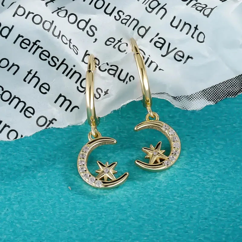 Real 925 Sterling Silve Fashion Asymmetric Star Moon Pendant Hoop Earrings DA2646