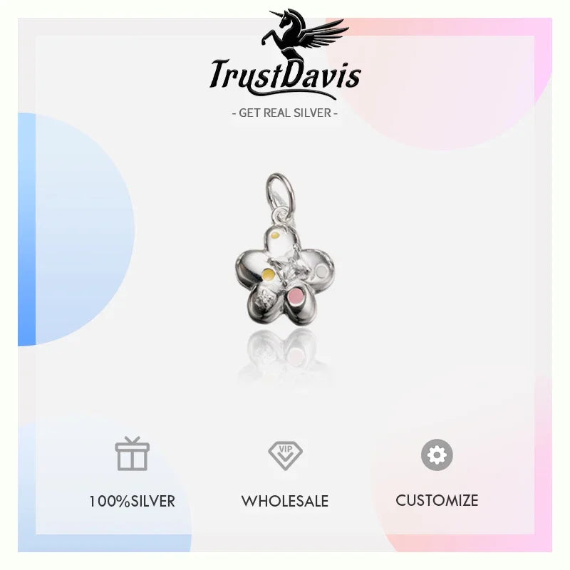 TrustDavis Real 925 Sterling Silver Cute sweet Flower Charm Pendant Handmade DIY Accessories Wholesale DZ1677