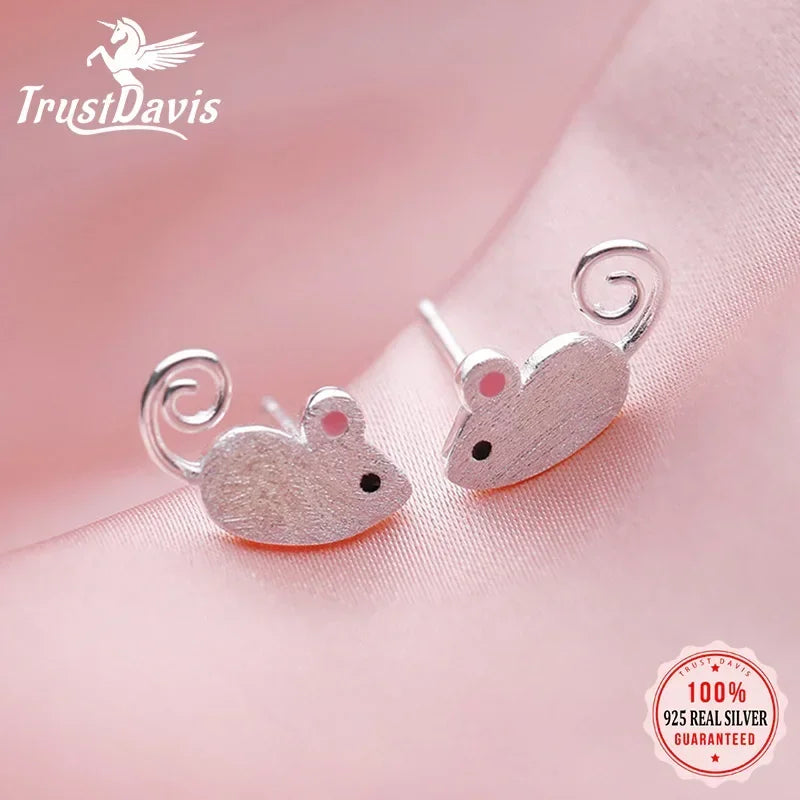 TrustDavis Genuine Fashion 925 Sterling Silver Charms Animal Mouse Stud Earring For Women Silver 925 Earrings Jewelry Gift DA345