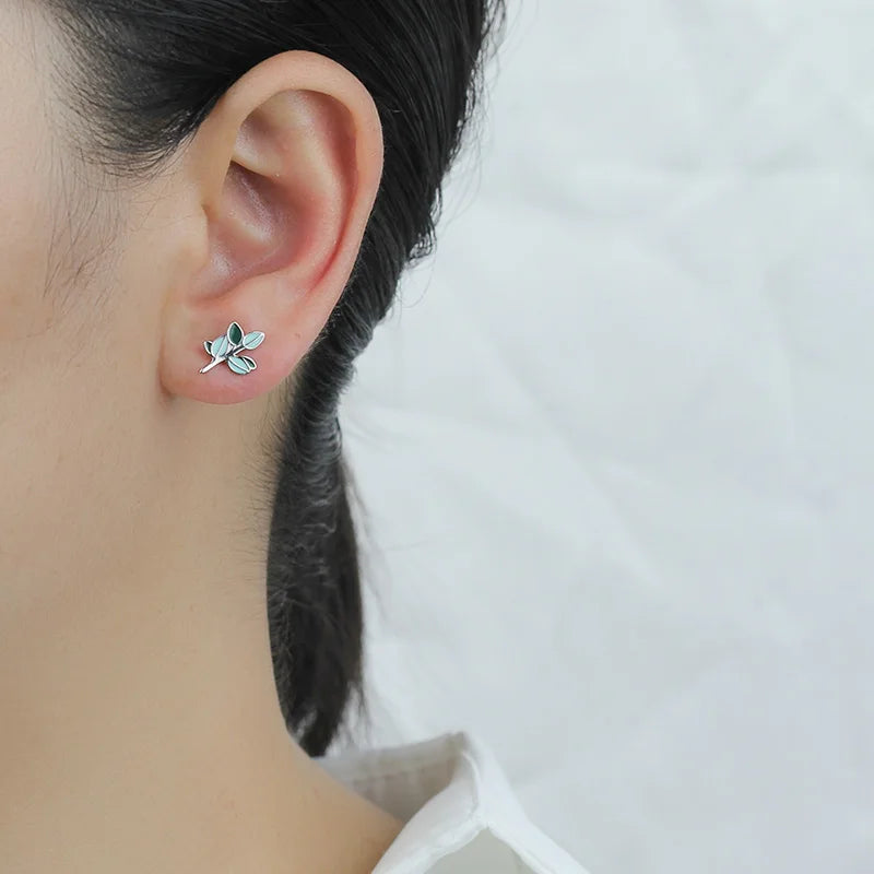 TrustDavis Real 925 Sterling Silver Fashion Green Glaze Leaves Stud Earrings For Women Wedding Birthday Present Jewelry DB340