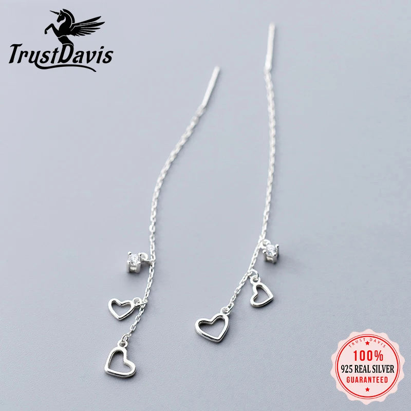 Trustdavis Minimalist 925 Sterling Silver Sweet Tassel Chain Hollow Heart CZ Drop Earring For Women Wedding Fine Jewelry DA1038