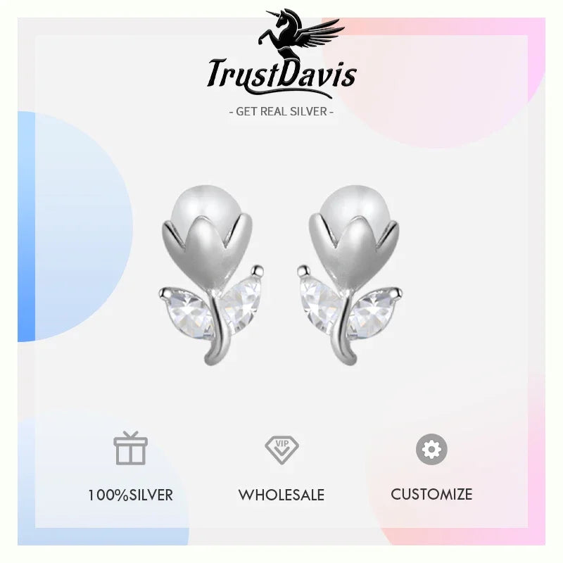 TrustDavis Girls 925 Sterling Silver Cute Romantic Tulip Flower Stud Earrings for Daughter Children Birthday Gift Jewelry DS4051