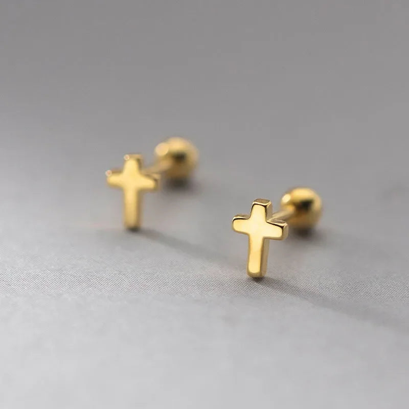 Real 925 Sterling Silver Mini Cross Bead Screw Stud Earrings DA00297