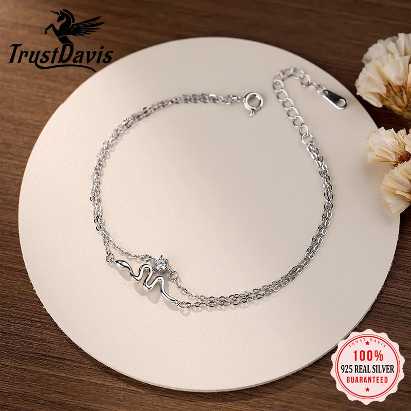 TrustDavis 100% 925 Sterling Silver Fashion Women's Jewelry Double Layer Snake Bracelet for Wife Best Firend Gift DS4188