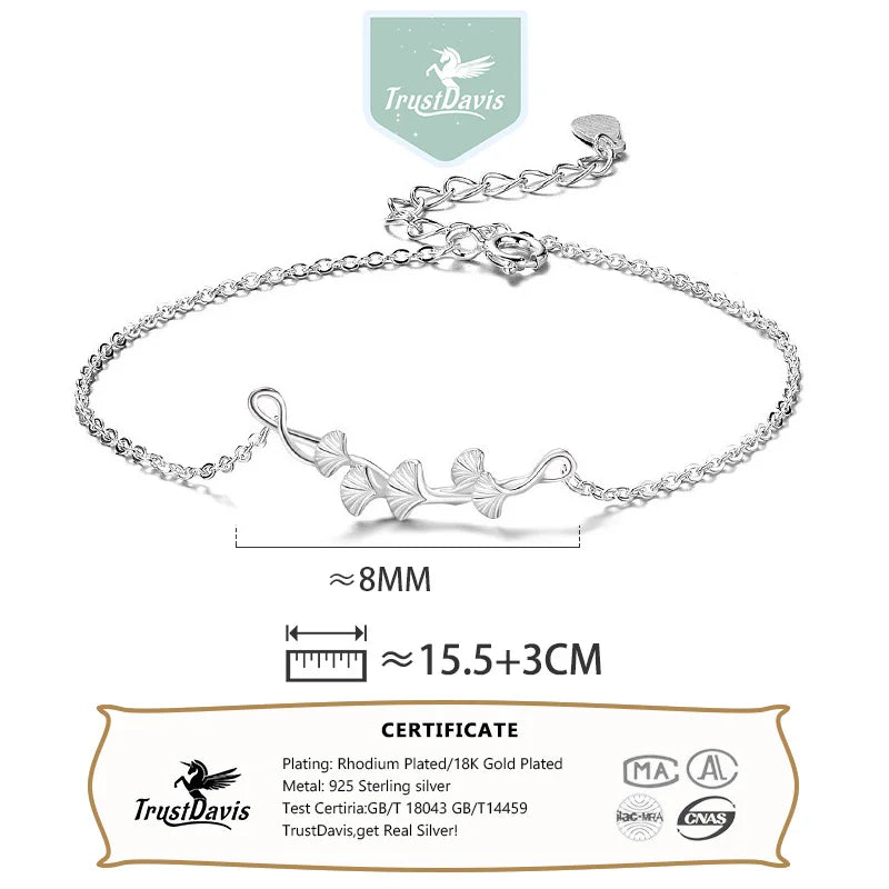 TrustDavis 100% 925 Sterling Silver Fashion Women's Jewelry Ginkgo Leafy Bracelet For Wife Best Firend Gift DS4184