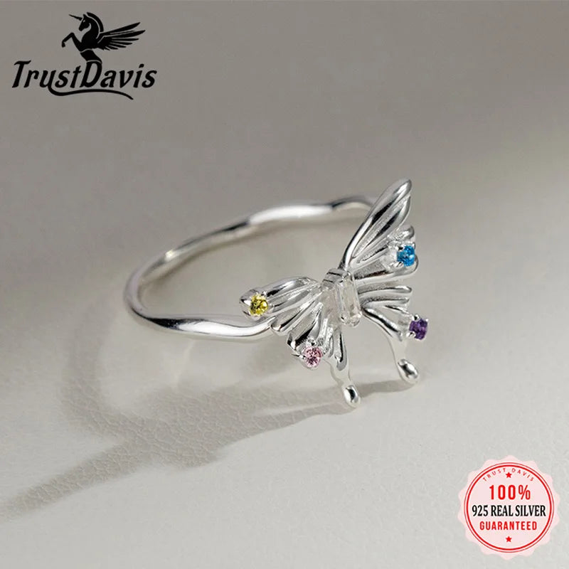 TrustDavis Real 925 Sterling Silver Fashion Color Diamond Butterfly Ring for Women Office Lady Birthday Gift Fine Jewelry DA1638
