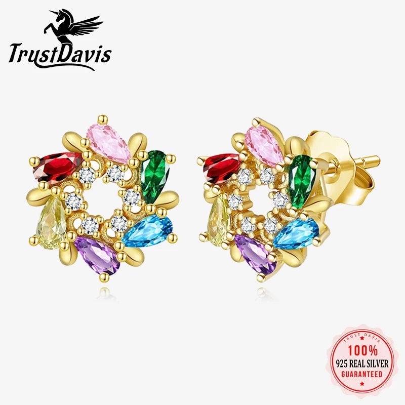 Trustdavis Real 925 Sterling Silver Sweet Waterdrop Colored Diamond Stud Earrings Women Girls Birthday Party Gift Jewelry DS4132