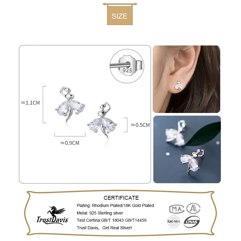 TrustDavis Original 925 Sterling Silver Ballet Dancer CZ Stud Earrings For Women Wedding Party Valentine's Day Jewelry DA2798