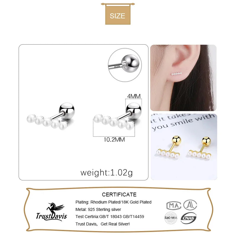TrustDavis Real 925 Sterling Silver Earring Synthesis Pearl Beads Screw Stud Earring For Women Wedding Party Jewelry Gift DA2782