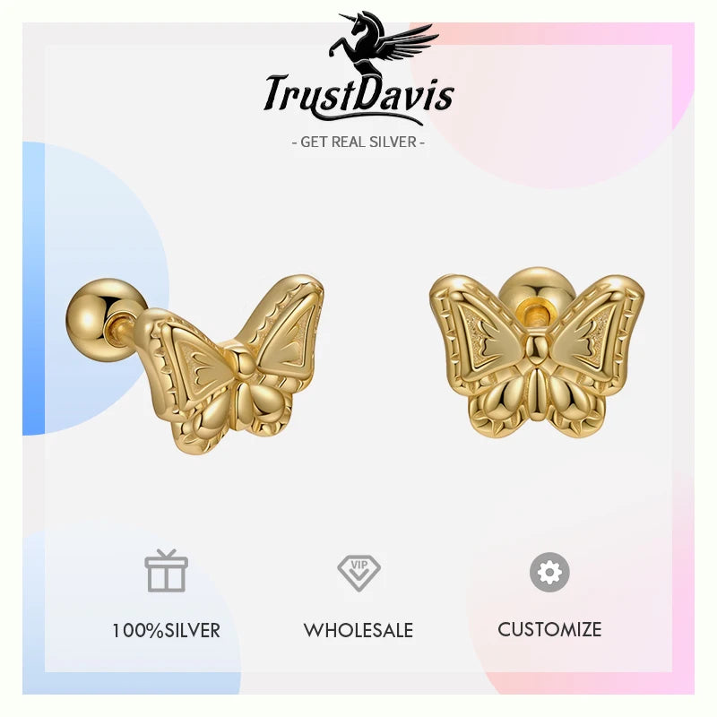 TrustDavis 925 Sterling Silver Women's Fashion Simple Smooth Butterfly Screw Earrings for Women Girls Jewelry Gift DS4301