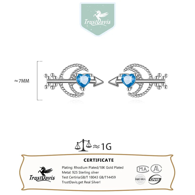 Trustdavis Real 925 Sterling Silver Sweet Heart Moon Zircon Stud Earrings for Women Wedding Party Fine S925 Jewelry DA3219