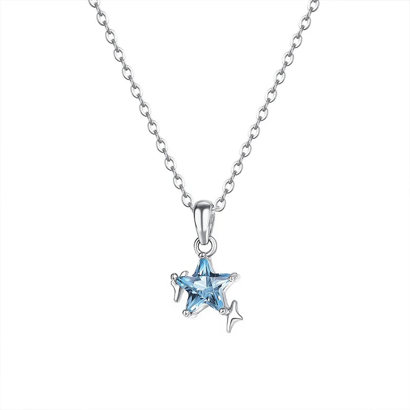 TrustDavis 925 Sterling Silver Women's Necklace Fashion Simple Blue Star Pendant Necklace for Women Girls Jewelry Gift DS4652