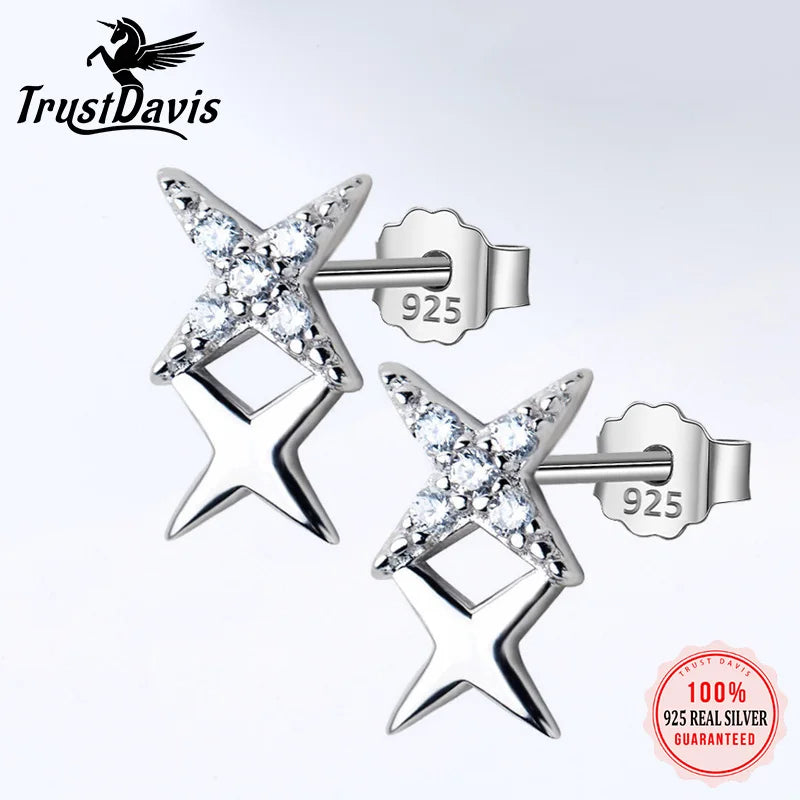 TrustDavis 100% 925 Real Sterling Silver 2Pcs Women's Jewelry Fashion Cute CZ Star Stud Earrings Gift For Girls Teen Lady DS517