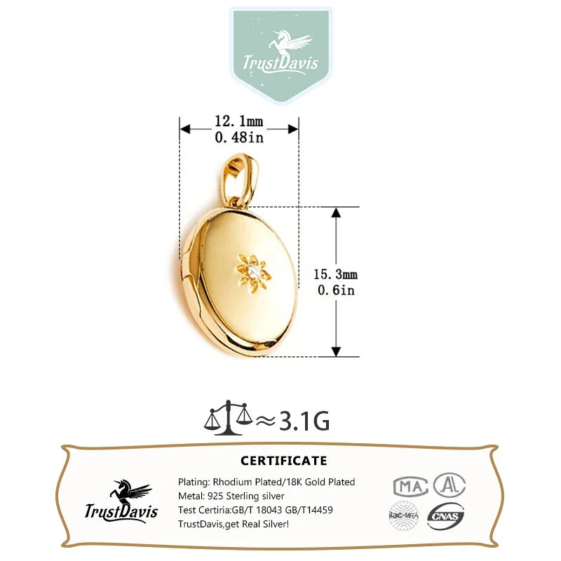 TrustDavis 925 Sterling Silver Women's Fashion Star Photo Locket Pendant with Two Photos for Women Men Jewelry Gift DS4341