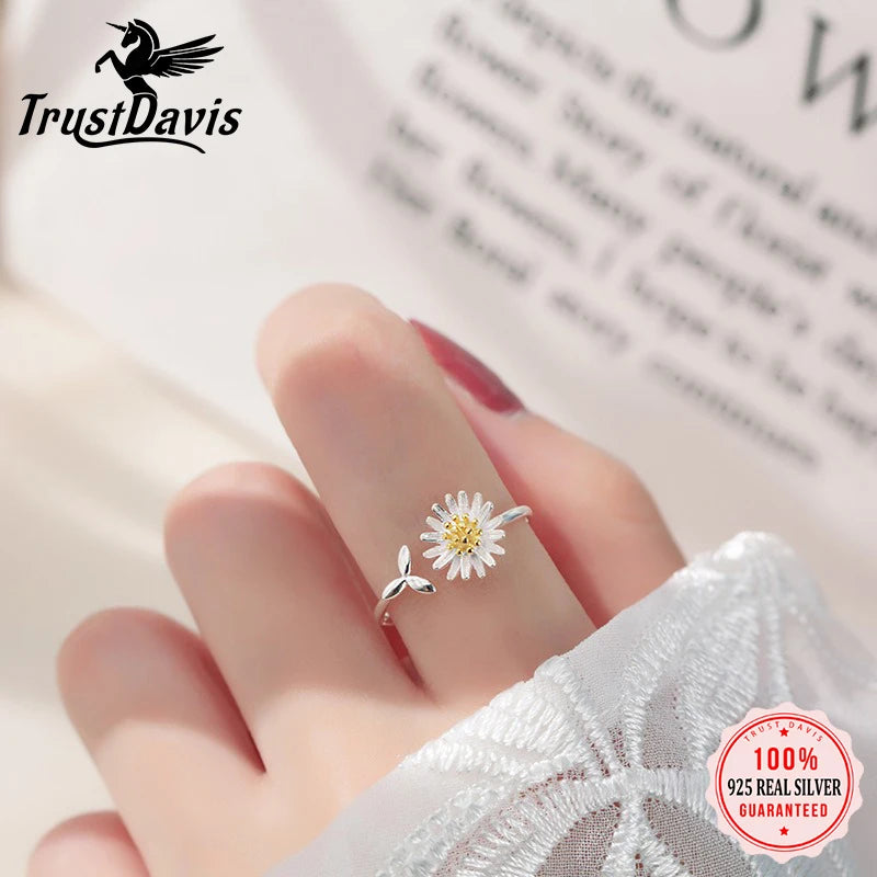 TrustDavis 925 Sterling Silver Women's Fashion Open Daisy Ring Sunflower Adjustable Ring for Women Grils Gift Jewelry DS4470