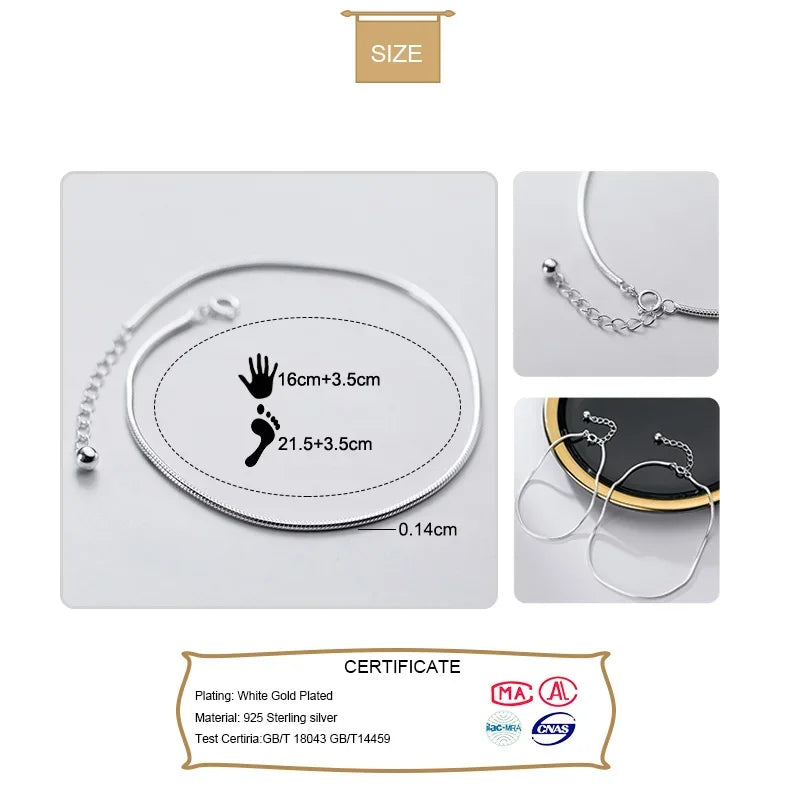 TrustDavis authentic 925 Sterling Silver Fashion Snake Chain Bracelet Anklets For Women Valentine's Day Birthday Jewelry DA1217