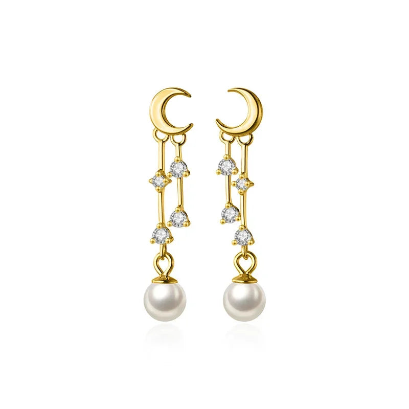 Moon Tassel Synthesis Pearl CZ Stud Earrings DA3137