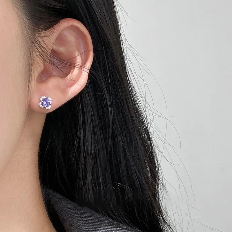 Purple Zircon Flower Silver Earrings DS4874