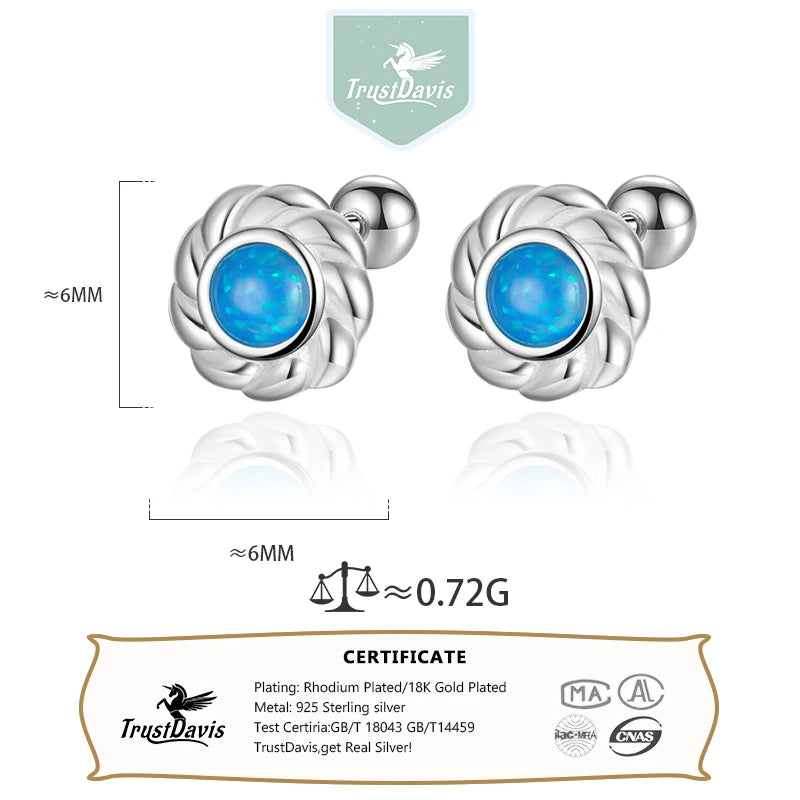 TrustDavis Girls 100% 999 Sterling Silver Trendy Opal Stud Earrings Gift for Women Young Daughter Birthday Party DS4569