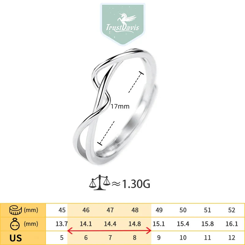 TrustDavis Real 925 Sterling Silver Women's Fashion Simple Geometric Cross-line Ring for Women Girls Fine Jewelry Gift DS4672