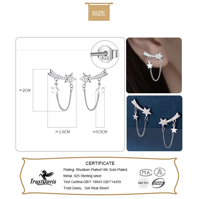 TrustDavis Real 925 Sterling Silver Earring Chain Star Shiny CZ Stud Earring For Women Wedding Mother's Day Fine Jewelry DA3112