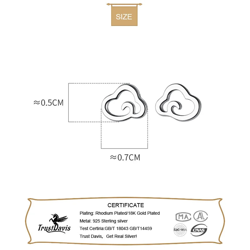 TrustDavis Real 925 Sterling Silver Sweet Hollow Out Clouds Stud Earrings For Daughter Children Girls Gift Fine Jewelry DE0572
