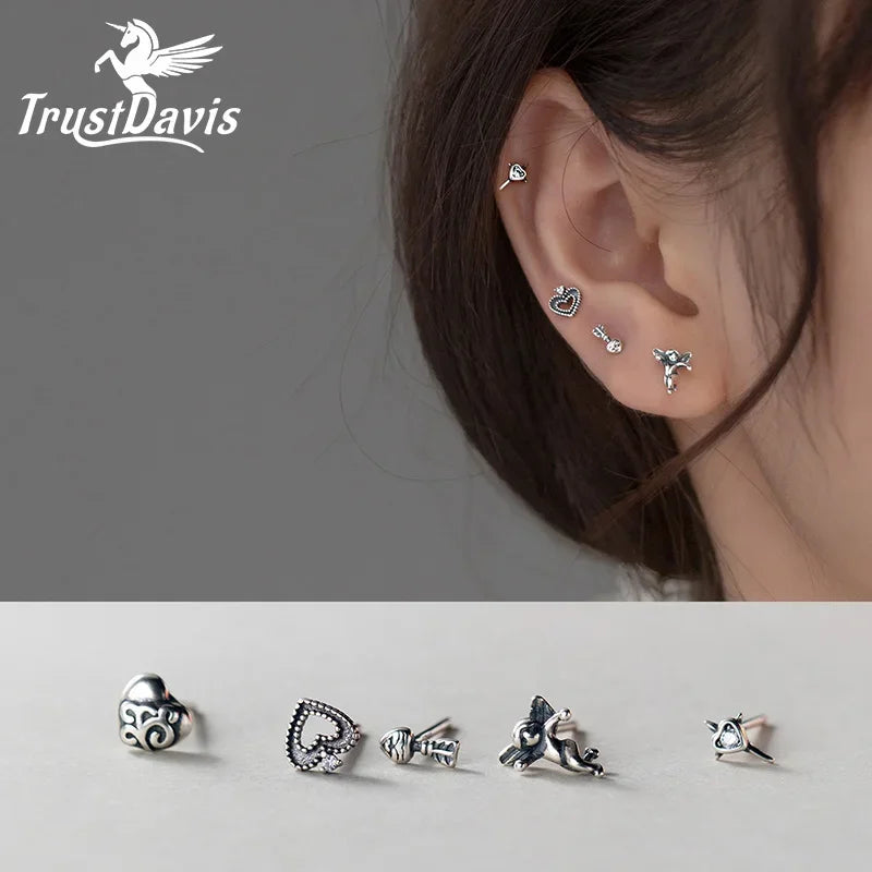 TrustDavis Real 925 Sterling Thai Silver Angel Love Stud Earring Cool For Daughter Girls Birthday Gift Jewelry Wholesale DA3117