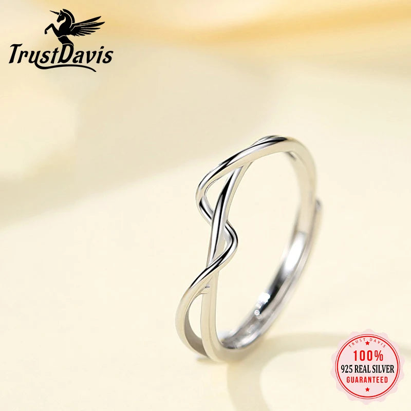 TrustDavis Real 925 Sterling Silver Women's Fashion Simple Geometric Cross-line Ring for Women Girls Fine Jewelry Gift DS4672