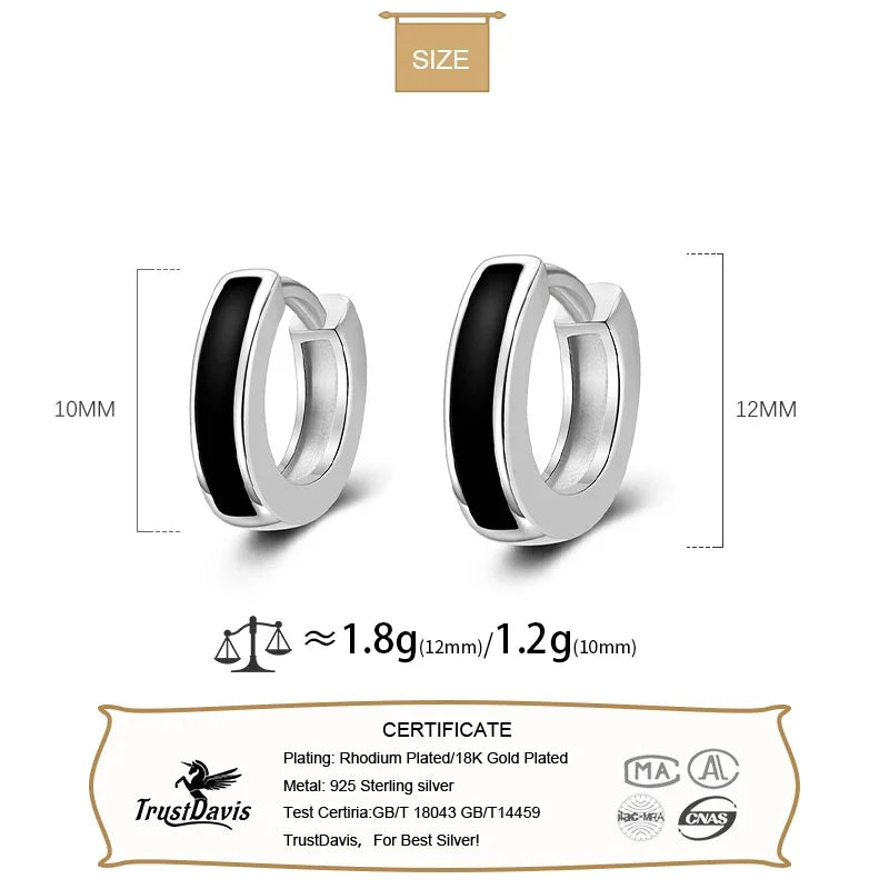 TrustDavis 925 Sterling Silver Hoop Earrings Black White Hoops Birthday Gift for Women Huggie Silver 925 Jewelry Brincos DA1800