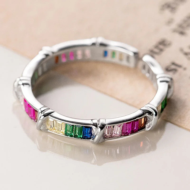 TrustDavis Women Real 925 Sterling Silver Colore Zircon Open Ring Geometric Gift for Mom Daugther Birthday Jewelry DS3627