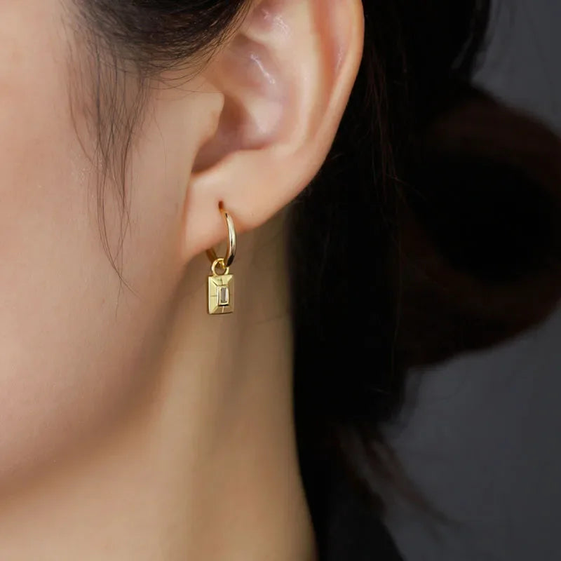 18K Gold Square Shiny CZ Pendant Hoop Earrings DF248