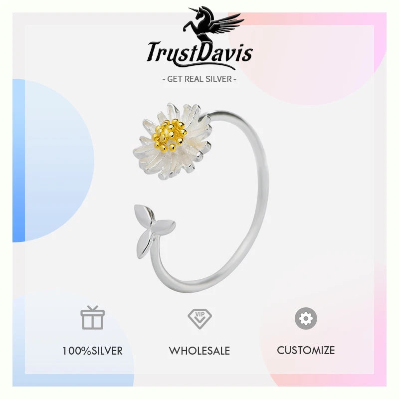 TrustDavis 925 Sterling Silver Women's Fashion Open Daisy Ring Sunflower Adjustable Ring for Women Grils Gift Jewelry DS4470