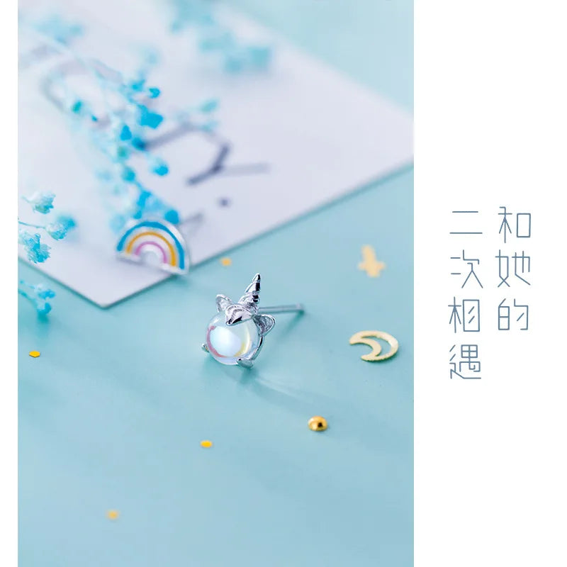 Trustdavis 100% 925 Solid Real Sterling Silver Asymmetric Rainbow Unicorn Stud Earring For Women Girl Fine Jewelry Brincos ZH131
