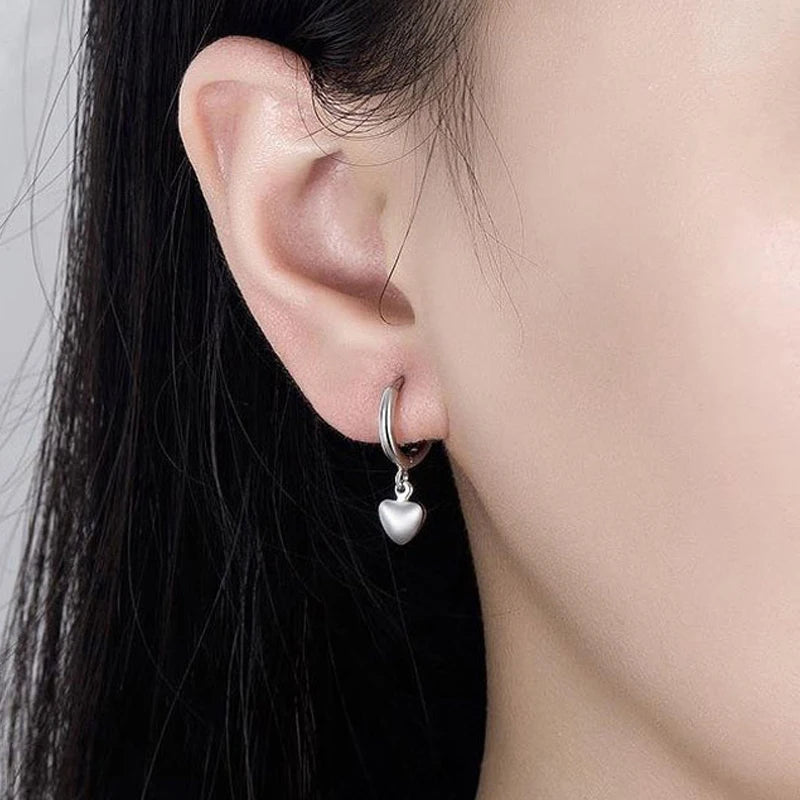 925 Sterling Silver Romantic Heart Dangle Hoop Earring DA1954