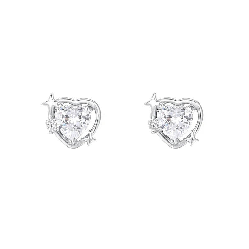 TrustDavis Real 925 Sterling Silver Heart Shaped Earrings Four-pointed Star Heart Zircon Earrings for Women Gift Jewelry DS4205