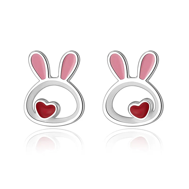 TrustDavis Real 925 Sterling Silver Kids Earring New Cute Heart Rabbit Stud Earrings For Daughter Girls Fine Jewelry Gift DG0193