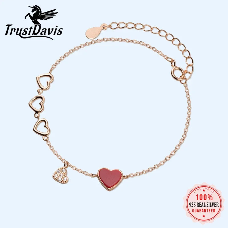 TrustDavis Genuine 925 Sterling Silver Sweet Hollow Love Red Heart CZ Bracelet Bangle For Women Sterling Silver Jewelry DA813