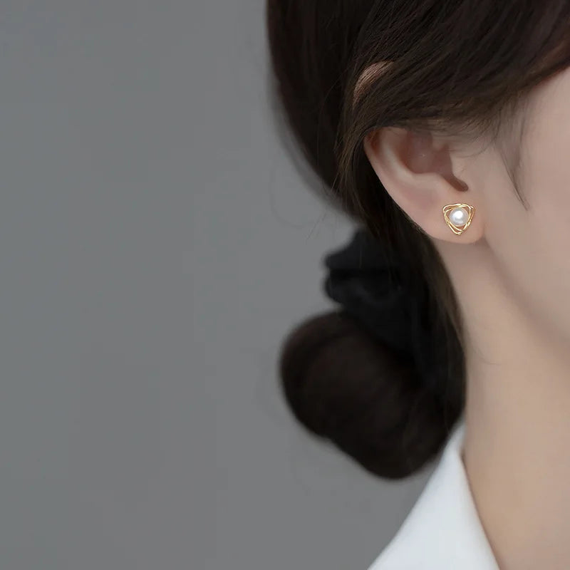 Geometric Pearl Triangle Line Stud Earrings DS3481